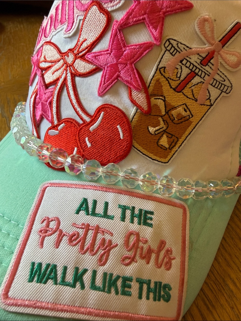 Boujee Embroidered Cherry Patch Trucker hat- Mint & Pink - Picture 2 of 4